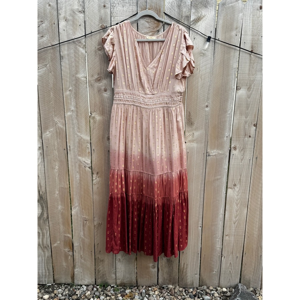 Sweet Magnolia Women's Maxi Dress Ruffle Sleeve Ombre Pink Gold Women's L/XL